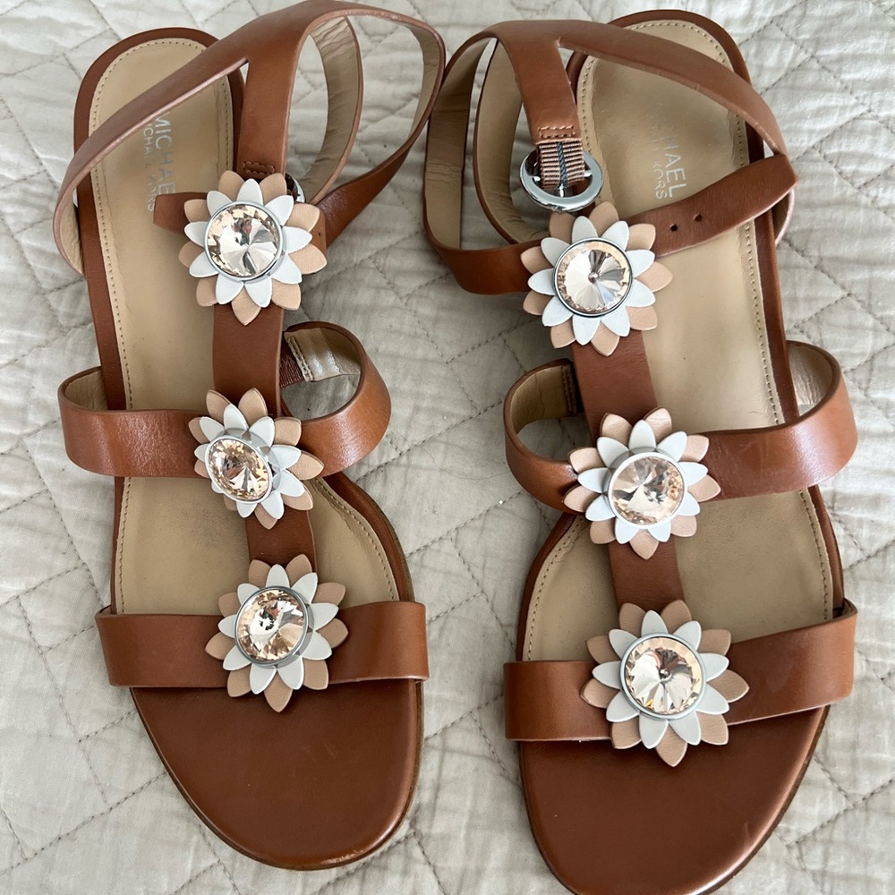 Michael Kors Brown Leather Sandals with Floral Accents